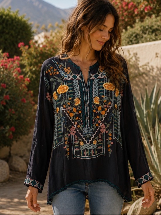 Johnny Was Tops - Johnny Was Black Tunic with Yellow & Green Floral Embroidery